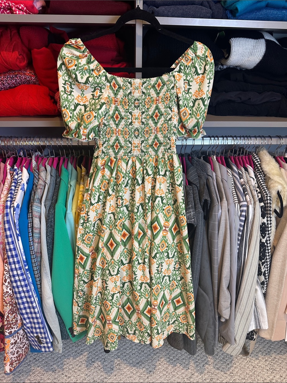 Prato green/orange print puff short sleeve smocked midi dress size XS